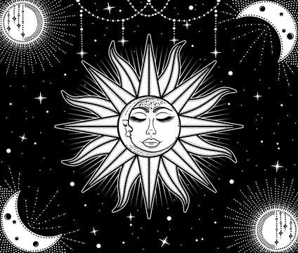 Celestial Night - Sun Moon And Stars - Graphic Poster Art Illustration Stock Illustration