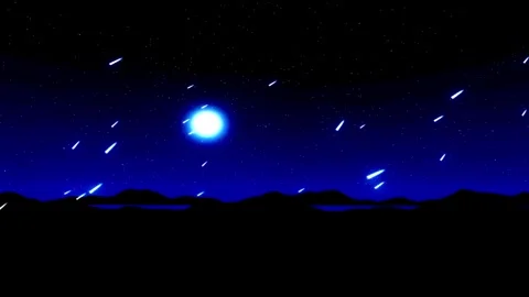 Celestial orbs drift across a starry night sky above a dark undulating land.. Vídeo Stock 346748412