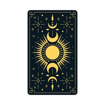 Celestial ornament tarot card vector design, golden Boho line art with mystical Stock Illustration