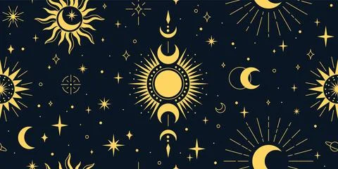 Celestial ornament vector seamless pattern design, golden tarot Boho line art Illustrazione stock