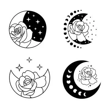 Celestial outline crescent moon with flowers and stars Stock Illustration