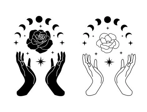 Celestial outline crescent moon with hands, flowers and stars Ilustração Stock