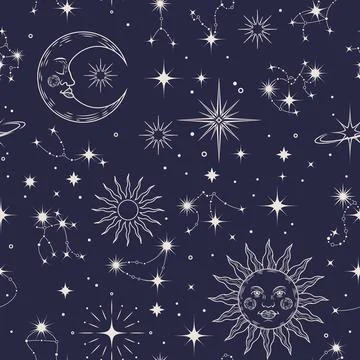 Celestial pattern, constellation texture. Zodiac star, astrology magic moon Stock Illustration