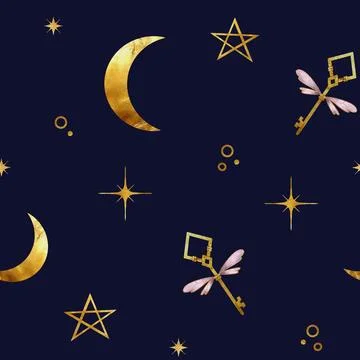 Celestial pattern featuring golden moons and stars on a dark blue background Stock Illustration