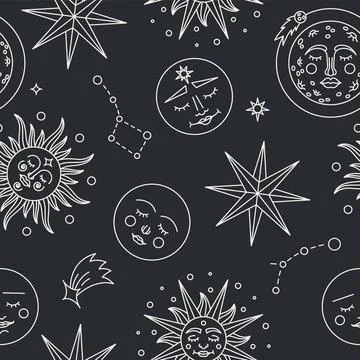 Celestial pattern. Seamless print of astrology spiritual symbols, sun, moon, Stock Illustration