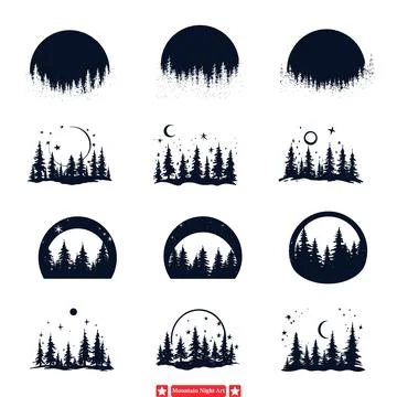 Celestial Peaks  Vector Silhouette of Mountains under Moonlight Stock Illustration