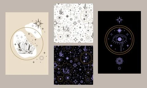 Celestial posters and seamless pattern set vector illustration Stock Illustration
