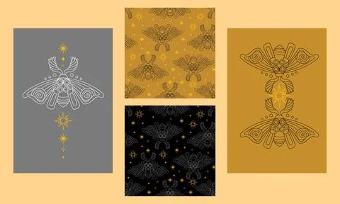 Celestial posters and seamless pattern set vector illustration Illustrazione stock
