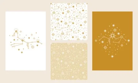Celestial posters and seamless pattern golden set vector 스톡 일러스트