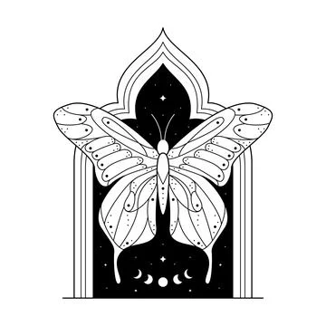 Celestial print line arch, butterfly and moon phases. Mystic insect print for Stock Illustration