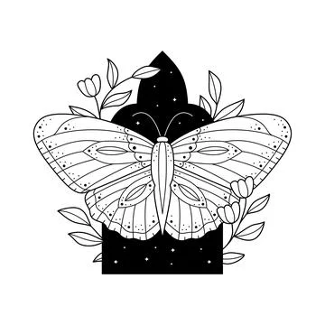 Celestial print with line arch, moth and florals. Mystic insect print with fl Stock Illustration