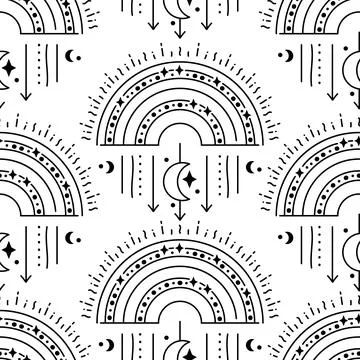 Celestial rainbow seamless mystic pattern. Boho magic print with moon and star Stock Illustration