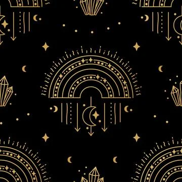 Celestial rainbow seamless mystic pattern. Boho mystical print with stars Stock Illustration