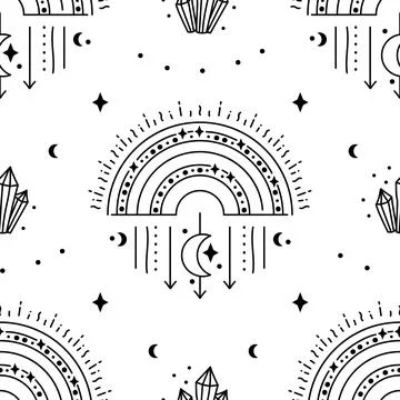 Celestial rainbow seamless mystic pattern. Boho mystical print with stars Stock Illustration