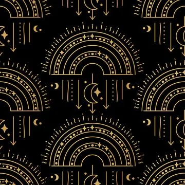Celestial rainbow seamless mystic pattern. Boho magic print with moon and star Stock Illustration