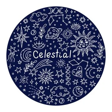 Celestial round doodle circle with stars and cosmic symbols 库存插图