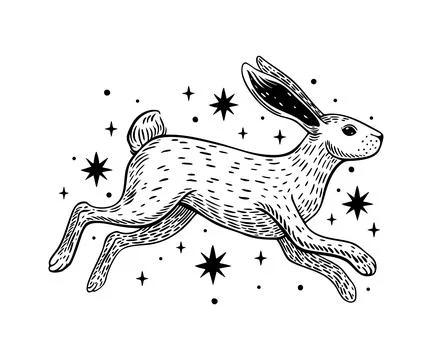 Celestial Running Hare Rabbit with Stars Vector Art Stock Illustration