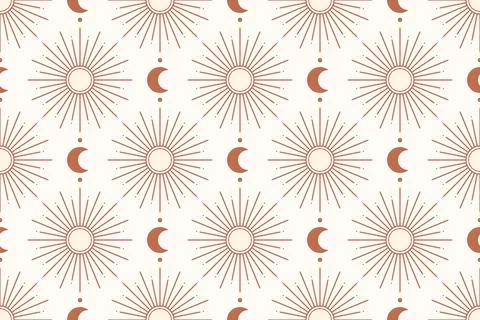 Celestial seamless pattern with boho sun and moon symbols in minimalist geo.. Stock Illustration