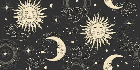 Celestial seamless pattern with sun and moon face, clouds and stars on the black Stock Illustration