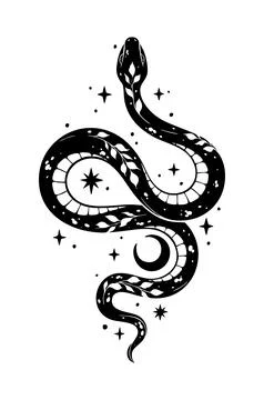 Celestial snake with moon, star, and botanical patterns Stock-Illustration