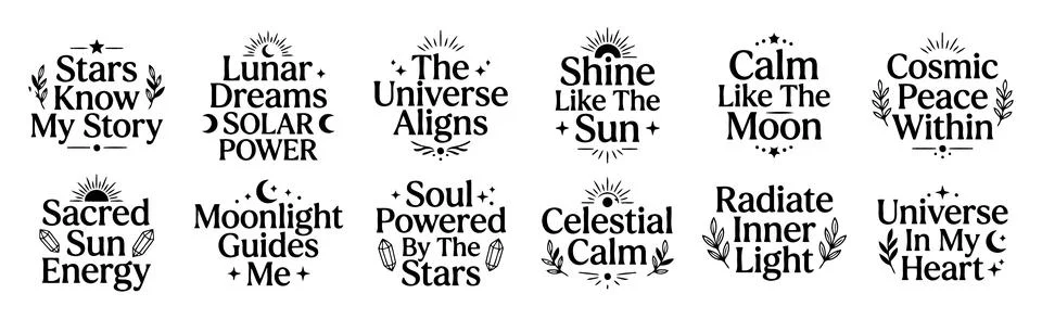 Celestial Spiritual Typography Bundle With Moon Sun Universe Quotes Stock Illustration