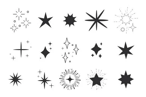 Celestial star blink doodle, contour set sparkle fireworks, holiday party Ilustración de archivo