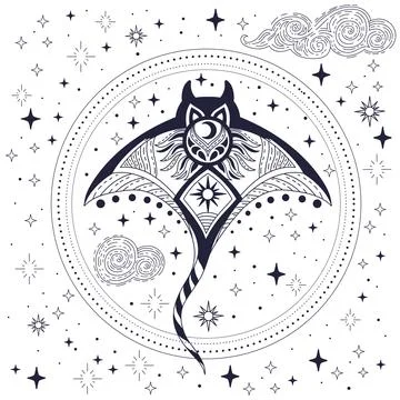 Celestial stingray linear hand drawing vector illustration Stock Illustration