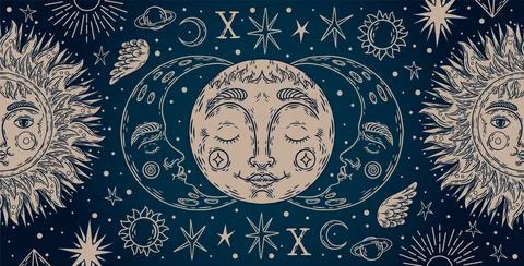 Celestial sun and moon. Tarot vintage card, mystic zodiac star and pattern .. Stockillustratie