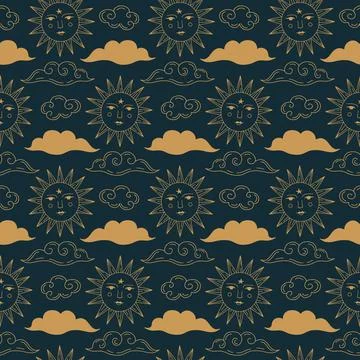 Celestial Sun Astrology Seamless pattern on dark background Stock Illustration
