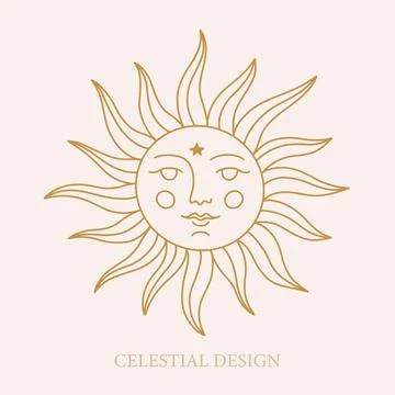 Celestial Sun with Face hand drawn illustration Stock Illustration