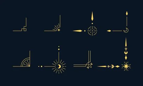 Celestial tarot corner ornament vector set, mystical spiritual Boho line art Stock Illustration