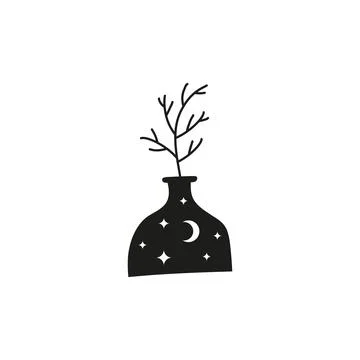 Celestial tree branch in vase with moon, stars. Stock Illustration