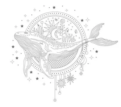 Celestial whale linear hand drawing vector illustration Illustrazione stock