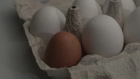Cell with chicken eggs different colour on the table . Panorama. Food subject Video stock 132315154