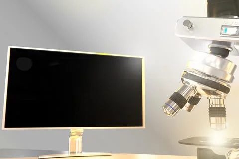 Cell development concept, lab microscope and monitor Stockillustratie