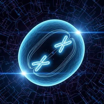 Cell Division Blue Human cell dividing (mitosis) glowing neon blue, 8K Stock Illustration