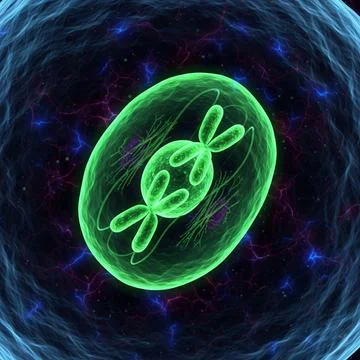 Cell Division Green Human cell dividing (mitosis) glowing neon green, 8K Stock Illustration