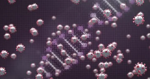 Cell particles surrounding dna strand in digital illustration, highlighting Illustrazione stock