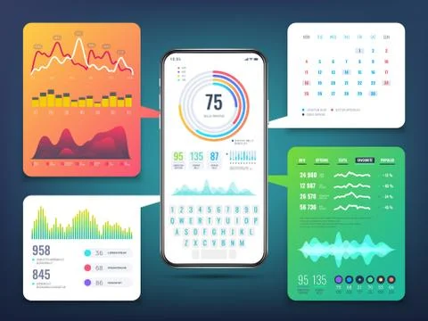 Cell phone application interface design with business infographics charts and Ilustração Stock