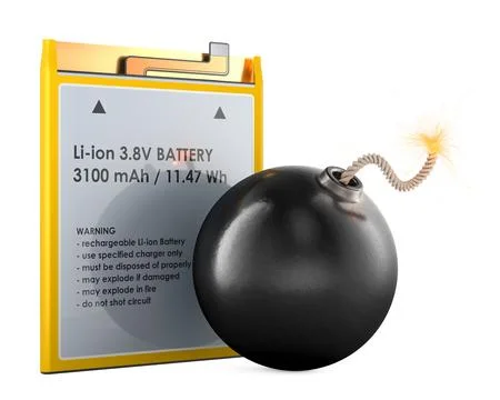 Cell Phone Battery explosions. Lithium Ion cell phone battery and bomb with.. 库存插图