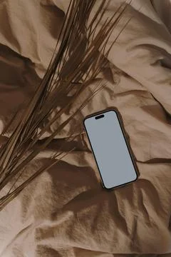 Cell phone with blank screen, dried grass on crumpled tan beige bed blanket w Stock Photos