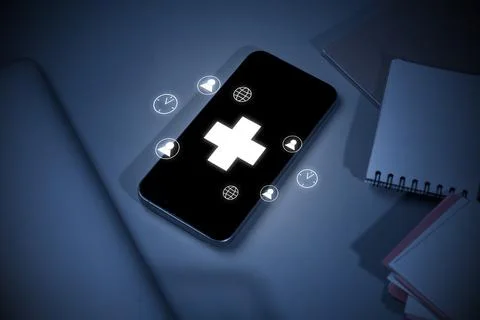 A cell phone with a cross on it and a bunch of icons surrounding it Stock Illustration
