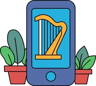 A cell phone with a harp on it is sitting on a table next to two potted plant Stock Illustration
