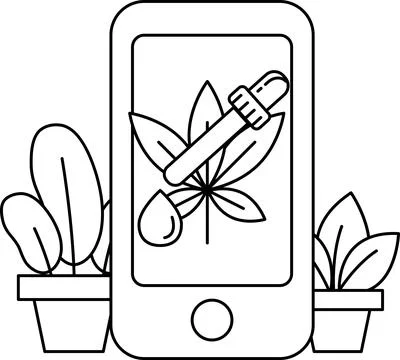 A cell phone with a leaf on it is on a table next to a potted plant Stock Illustration