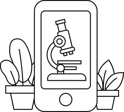 A cell phone with a microscope on it is surrounded by plants 스톡 일러스트
