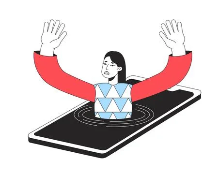Cell phone obsession line concept vector spot illustration Stock Illustration