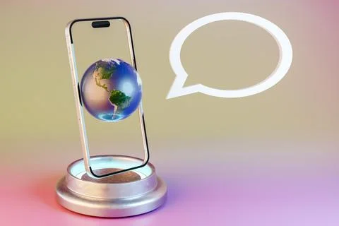 A cell phone is on a stand with a globe on top of it. 3d render 스톡 일러스트