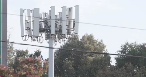 Cell Phone Tower, 5G Broadcasts, Trees and Power Lines Around Transmitter Stock Footage 165968430