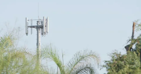 Cell Phone Tower, 5G Broadcasts, Trees and Power Lines Around Transmitter Stock Footage 246988582