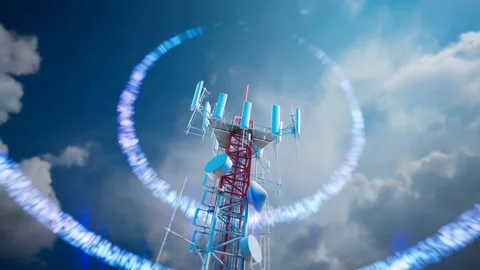 Cell phone tower emits 5G signals. The antenna transmits electromagnetic waves. Stock Footage 145767656